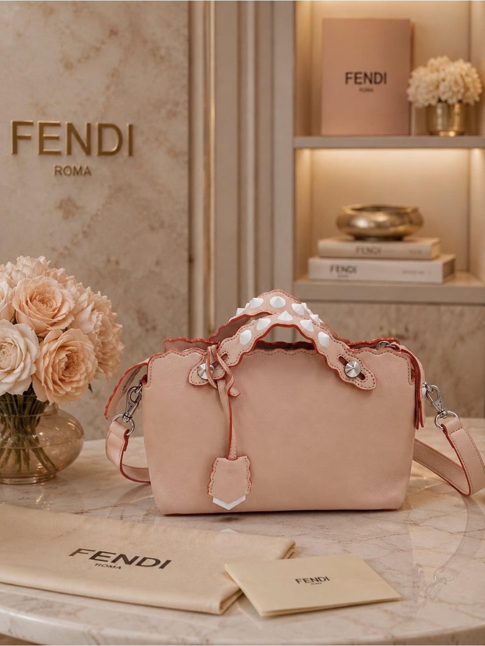 ๐ธAuthentic FENDI By The Way Pink Leather Studded Scalloped Shoulder Crossbody๐ธ